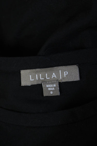 Lilla P Womens Ruffled Short Sleeves Tee Shirt Black Cotton Size Small