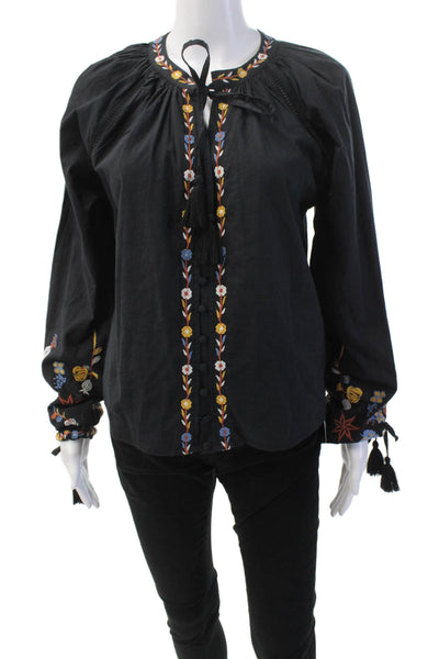 Allison Womens Embroidered Button Down Blouse Black Cotton Size Small
