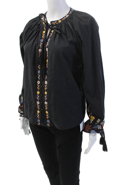 Allison Womens Embroidered Button Down Blouse Black Cotton Size Small