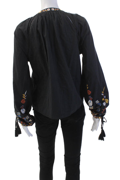 Allison Womens Embroidered Button Down Blouse Black Cotton Size Small