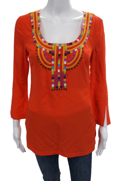 Trina Turk Womens Silk Long Sleeve Scoop Neck Embroidered Tunic Orange Size M