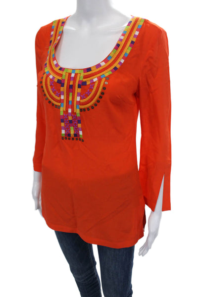 Trina Turk Womens Silk Long Sleeve Scoop Neck Embroidered Tunic Orange Size M