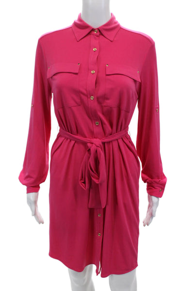 Calvin Klein Womens Long Sleeve Tie Waist Button Down Collared Dress Pink Size 6