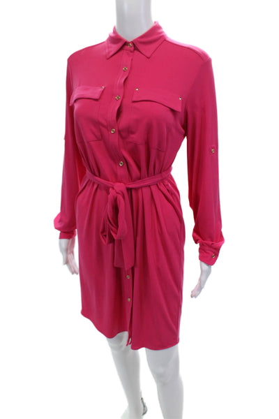 Calvin Klein Womens Long Sleeve Tie Waist Button Down Collared Dress Pink Size 6