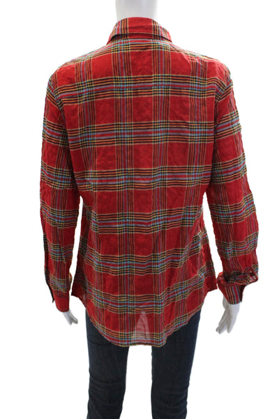 J. Mclaughlin Womens Cotton Collared Plaid Print Buttoned Blouse Red Size S
