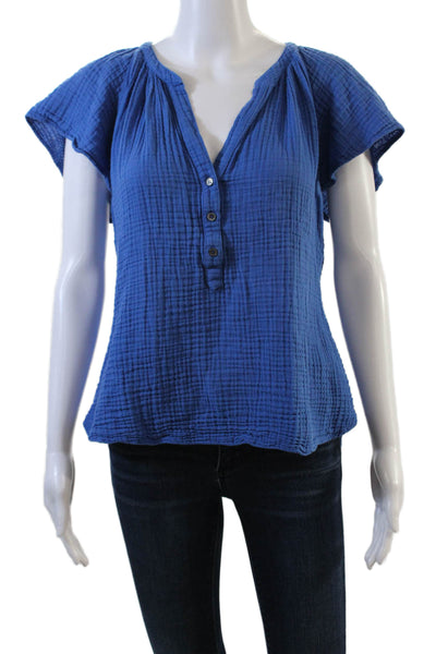 Xirena Womens Short Sleeve Half Button V Neck Gauze Shirt Blue Cotton Medium