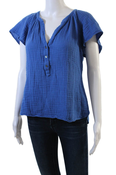 Xirena Womens Short Sleeve Half Button V Neck Gauze Shirt Blue Cotton Medium