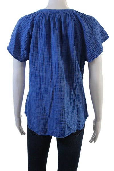 Xirena Womens Short Sleeve Half Button V Neck Gauze Shirt Blue Cotton Medium