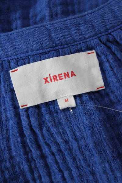 Xirena Womens Short Sleeve Half Button V Neck Gauze Shirt Blue Cotton Medium