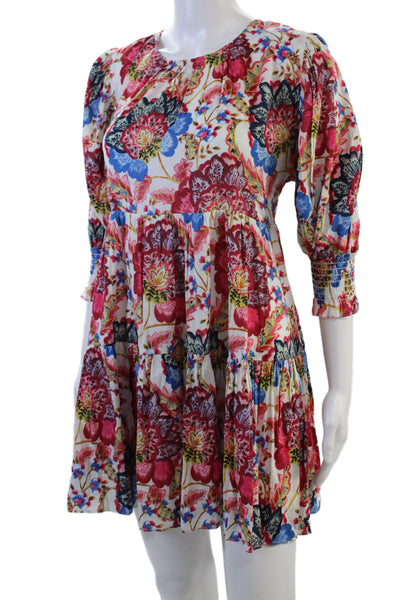 Misa Womens Cotton Textured Long Sleeve Scoop Neck Floral Printed Blouse Multi S