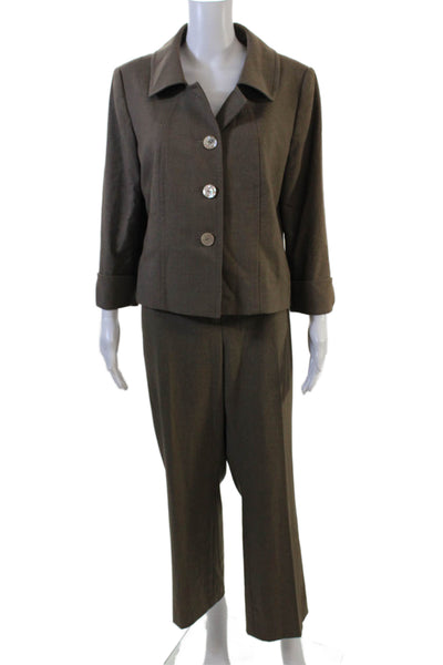 Tahari Womens Textured Long Sleeve Button Crop Blazer Jacket Pants Set Brown Siz