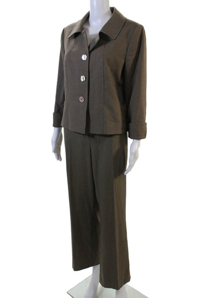 Tahari Womens Textured Long Sleeve Button Crop Blazer Jacket Pants Set Brown Siz