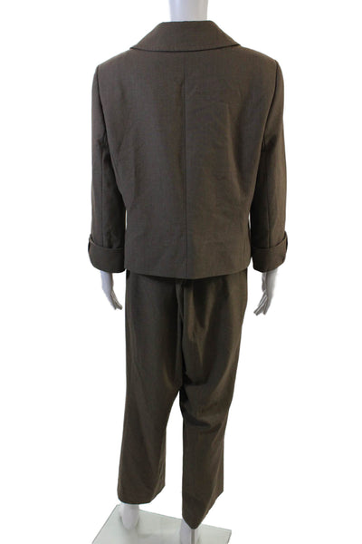 Tahari Womens Textured Long Sleeve Button Crop Blazer Jacket Pants Set Brown Siz