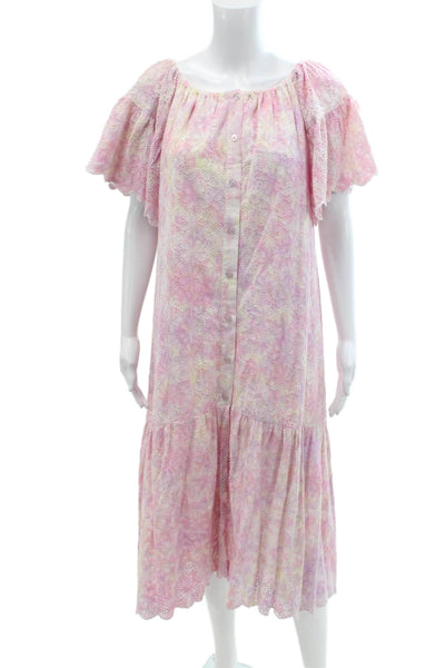 Sundress Womens Short Sleeve Off Shoulder Abstract Eyelet Midi Dress Purple OS