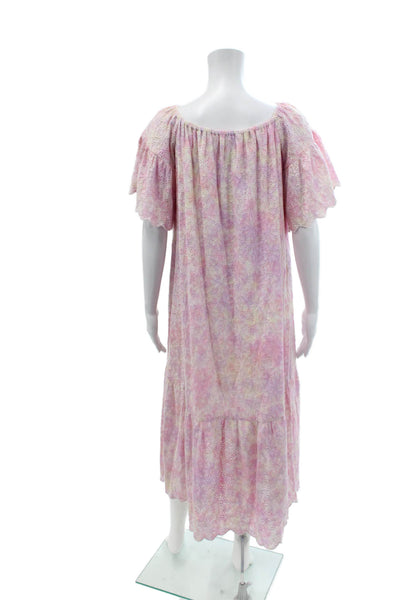 Sundress Womens Short Sleeve Off Shoulder Abstract Eyelet Midi Dress Purple OS