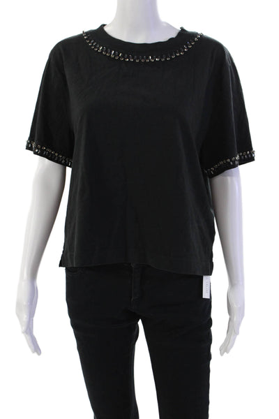 J Crew Womens Jeweled Trim Short Sleeves Tee Shirt Black Cotton Size Medium