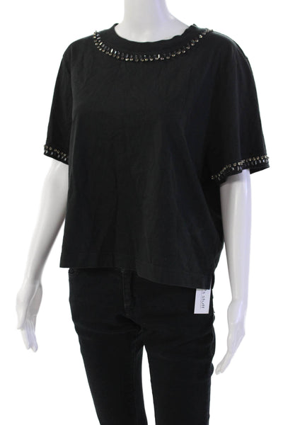J Crew Womens Jeweled Trim Short Sleeves Tee Shirt Black Cotton Size Medium