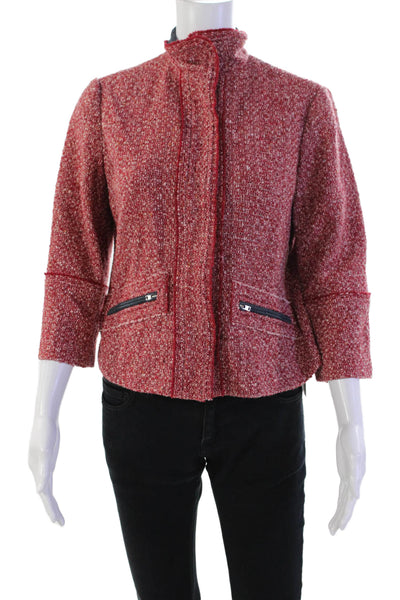 Sigrid Olsen Womensa Tweed Button Down Mock Neck Jacket Red Wool Size 4