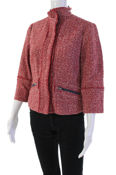 Sigrid Olsen Womensa Tweed Button Down Mock Neck Jacket Red Wool Size 4