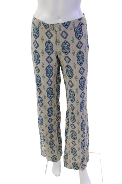 Ecru Womens Zipper Fly Mid Rise Straight Leg Pants Brown Blue Linen Size 2