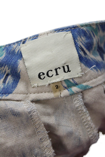Ecru Womens Zipper Fly Mid Rise Straight Leg Pants Brown Blue Linen Size 2