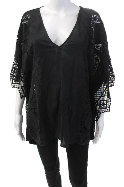 Bailey 44 Womens Cotton V neck Embroidered kaftan Blouse Black Size M