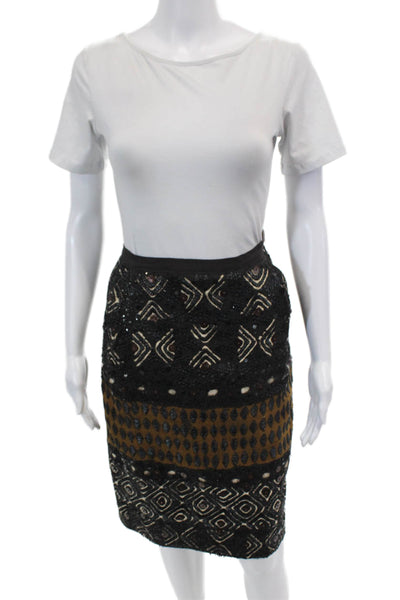 Oscar de la Renta Womens Sequined Woven Pencil Skirt Black Brown Size 8