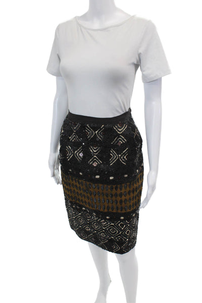 Oscar de la Renta Womens Sequined Woven Pencil Skirt Black Brown Size 8