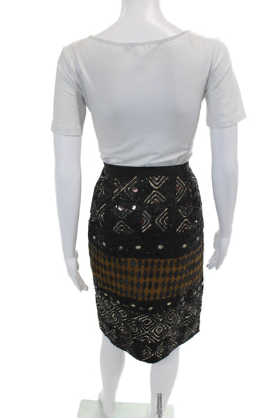 Oscar de la Renta Womens Sequined Woven Pencil Skirt Black Brown Size 8