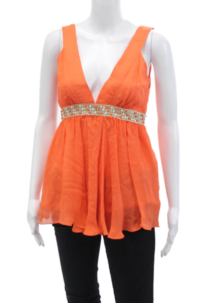 Milly Womens Textured V-neck Sleeveless Beaded Tank Blouse Orange Size 2