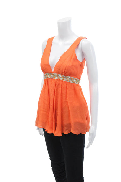 Milly Womens Textured V-neck Sleeveless Beaded Tank Blouse Orange Size 2