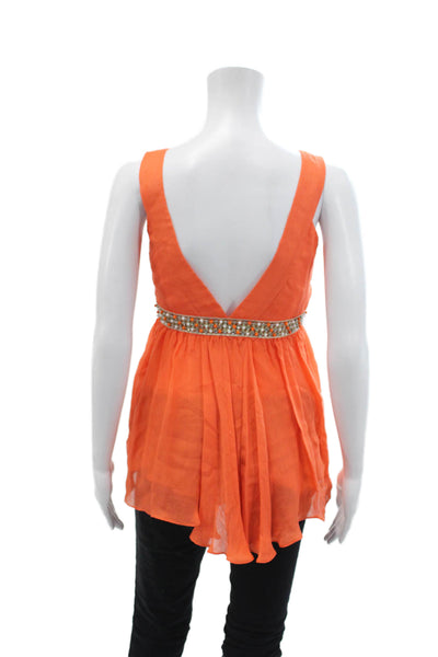 Milly Womens Textured V-neck Sleeveless Beaded Tank Blouse Orange Size 2
