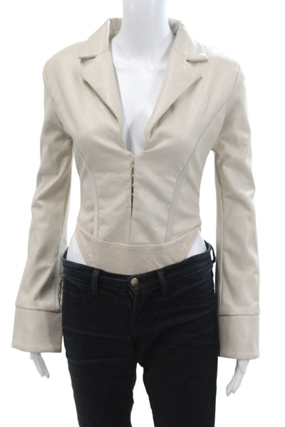maniere de voir Womens Textured Long Sleeve V-neck Lined Bodysuit Top Nude Size