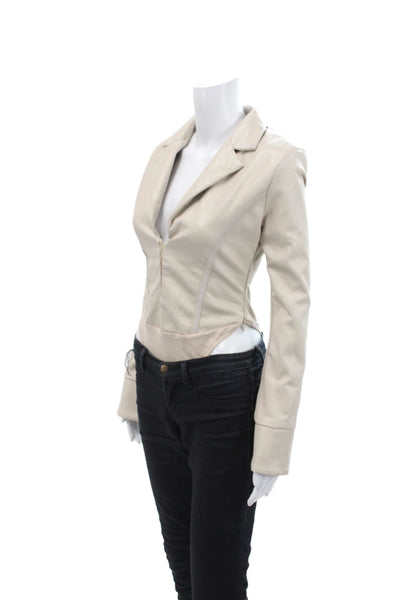 maniere de voir Womens Textured Long Sleeve V-neck Lined Bodysuit Top Nude Size