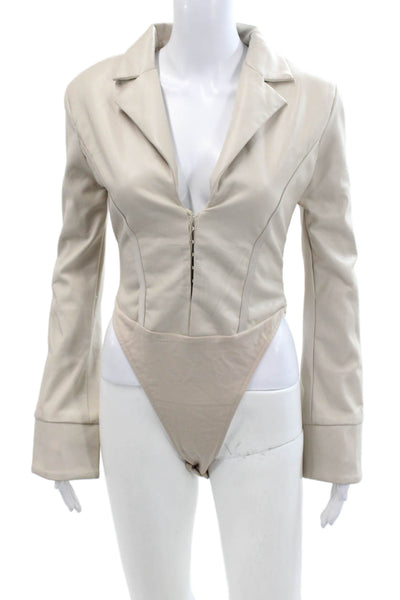 maniere de voir Womens Textured Long Sleeve V-neck Lined Bodysuit Top Nude Size