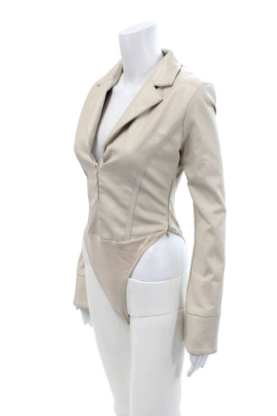 maniere de voir Womens Textured Long Sleeve V-neck Lined Bodysuit Top Nude Size