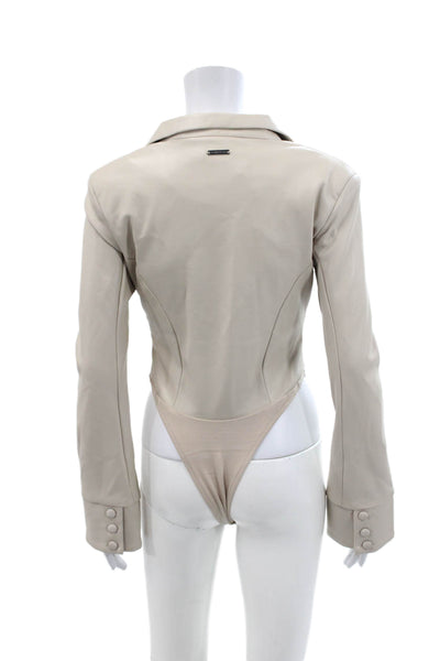 maniere de voir Womens Textured Long Sleeve V-neck Lined Bodysuit Top Nude Size