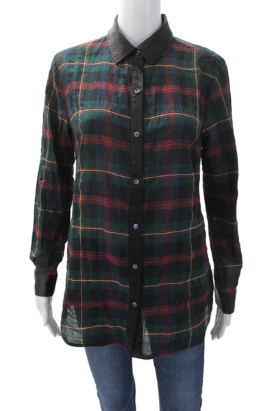 J. Mclaughlin Womens Cotton Plaid Long Sleeve Button Up Blouse Top Green Size S