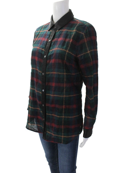 J. Mclaughlin Womens Cotton Plaid Long Sleeve Button Up Blouse Top Green Size S