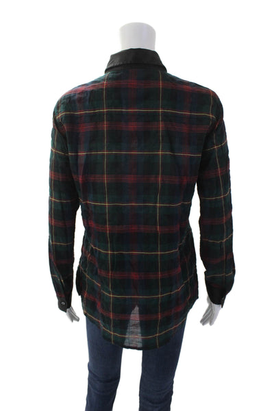 J. Mclaughlin Womens Cotton Plaid Long Sleeve Button Up Blouse Top Green Size S