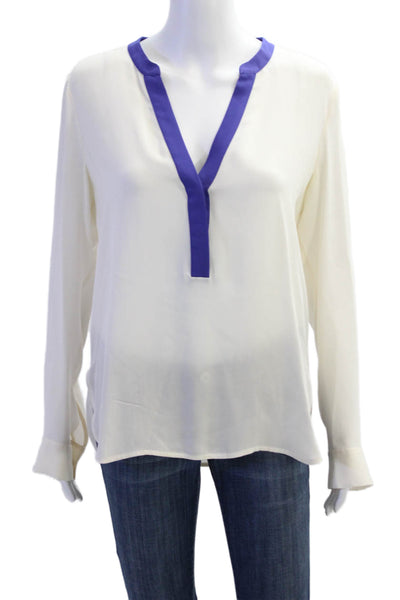Vince Womens Silk Contrast Trim Long Sleeve Sheer Blouse Light Beige Size M