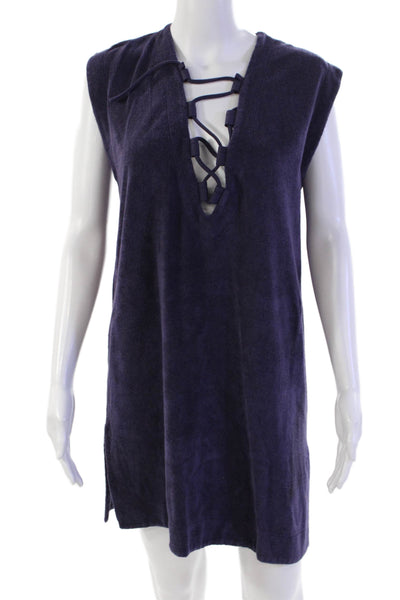 Eres Womens Terry V-Neck Lace Up Pullover Sleeveless Mini Dress Purple Size M
