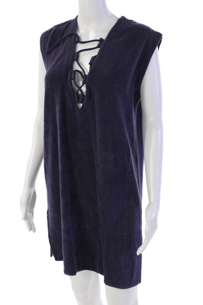 Eres Womens Terry V-Neck Lace Up Pullover Sleeveless Mini Dress Purple Size M