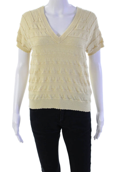 Joie Womens Short Sleeve V Neck Pointelle Knit Top Beige WoolS ize Medium