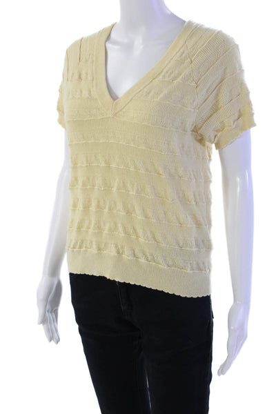 Joie Womens Short Sleeve V Neck Pointelle Knit Top Beige WoolS ize Medium
