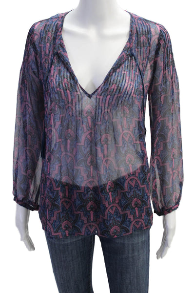 Joie Womens Long Sleeve V Neck Abstract Silk Shirt Blue Pink Size Extra Small