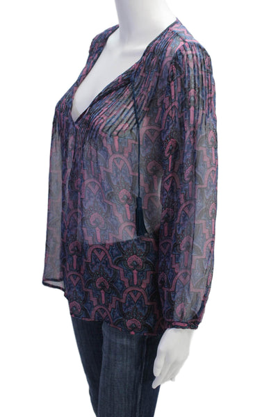 Joie Womens Long Sleeve V Neck Abstract Silk Shirt Blue Pink Size Extra Small