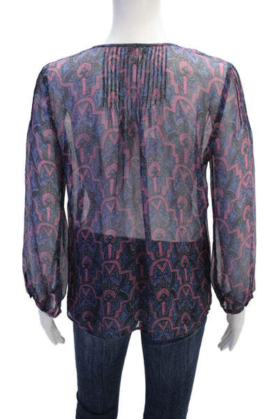Joie Womens Long Sleeve V Neck Abstract Silk Shirt Blue Pink Size Extra Small