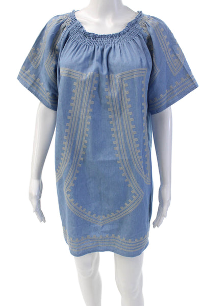 The Wallflower Womens Cotton Ruched Embroidered Short Sleeve Dress Blue Size M
