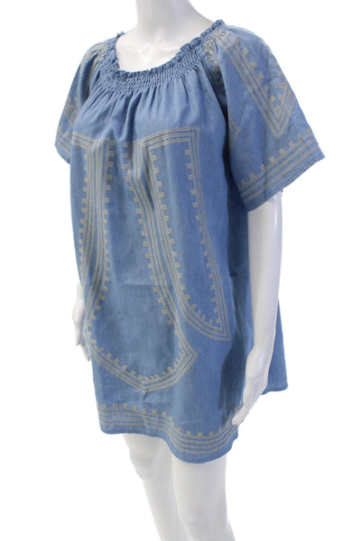 The Wallflower Womens Cotton Ruched Embroidered Short Sleeve Dress Blue Size M